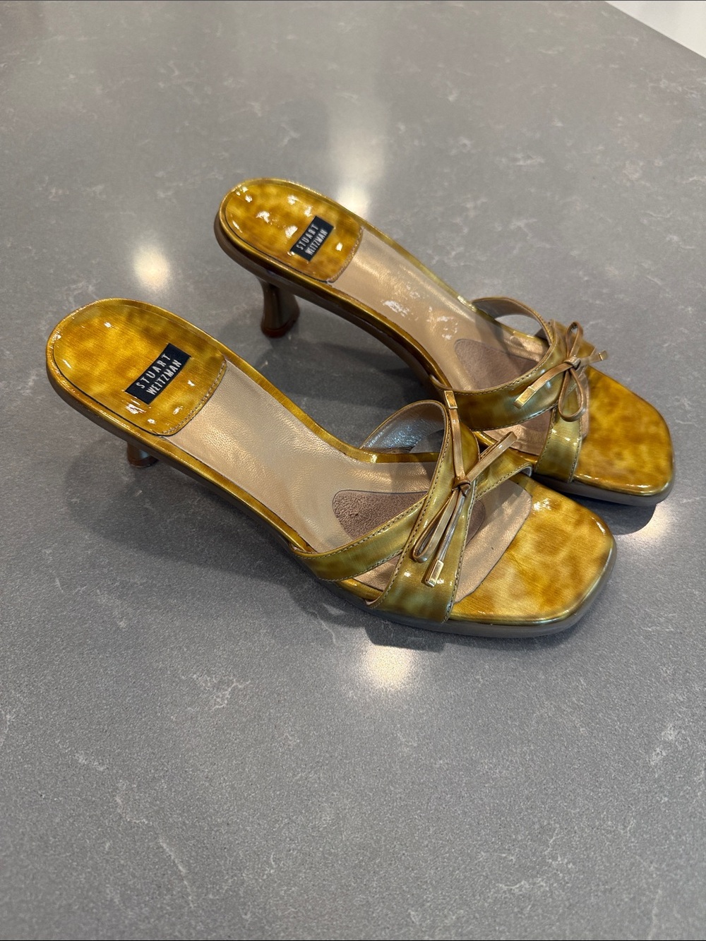 Stuart Weitzman Olive-Tone Knot Strap Heeled Mules 7 AA